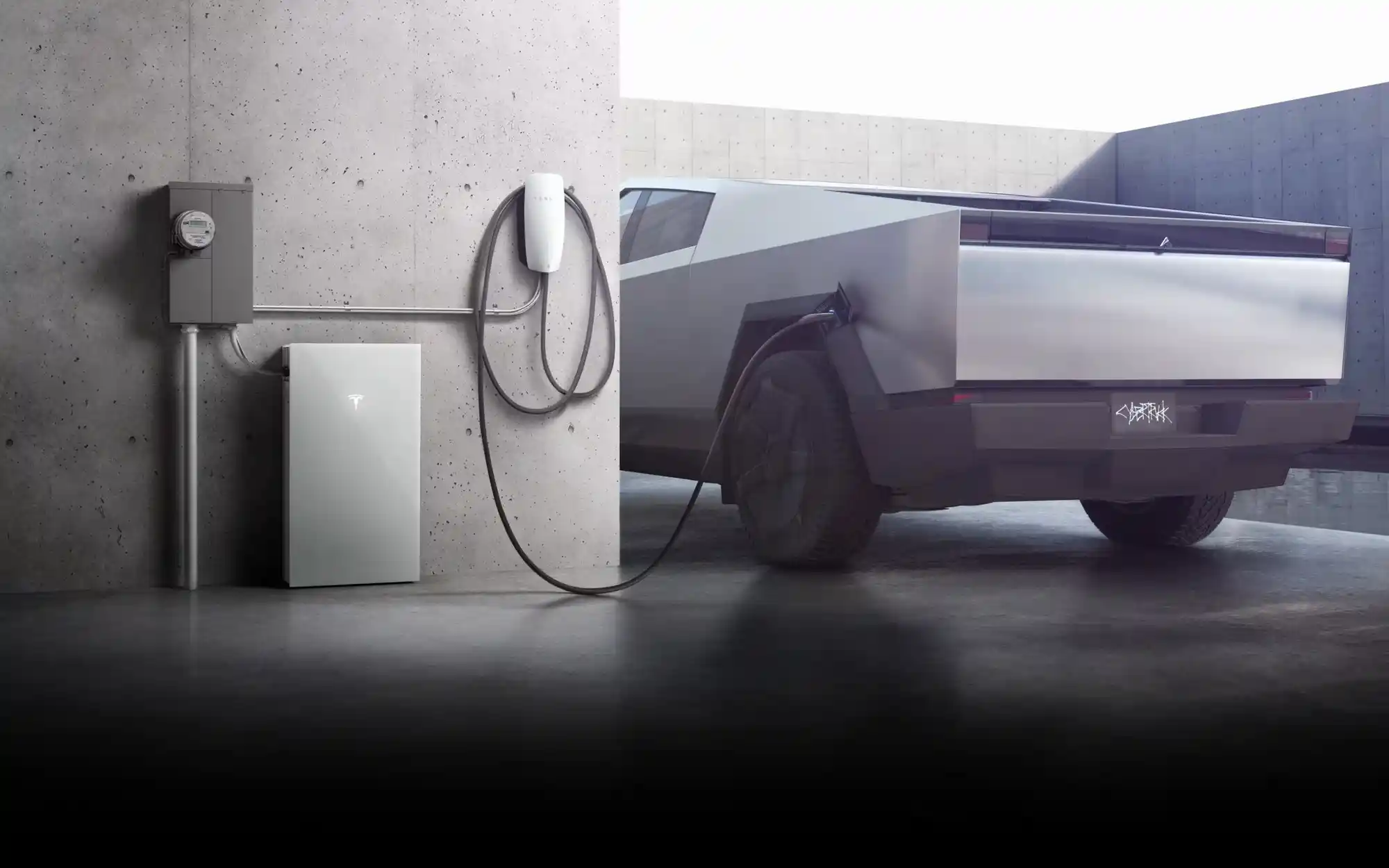 A Tesla Cybertruck plugged in and charging, ready for use with clean energy.