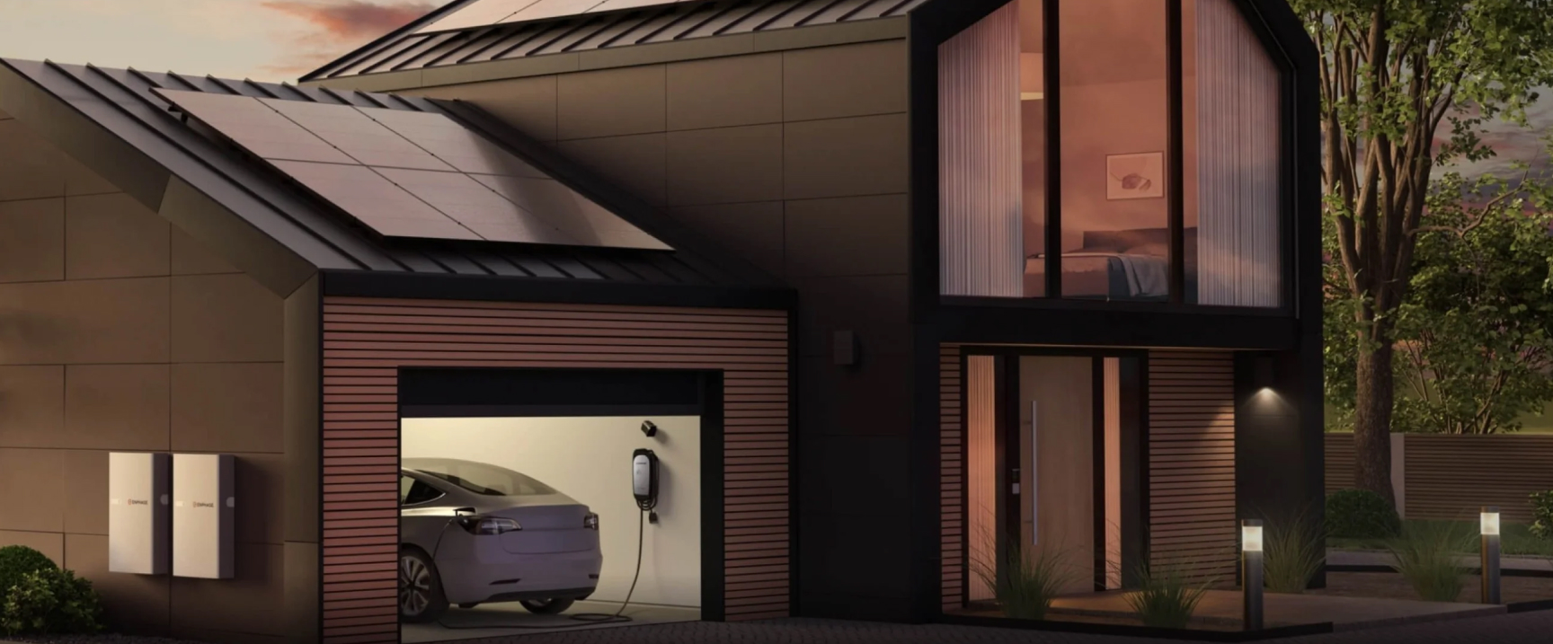 Modern eco-friendly house with solar panels covering the roof. The left side features a garage with an electric car being charged.