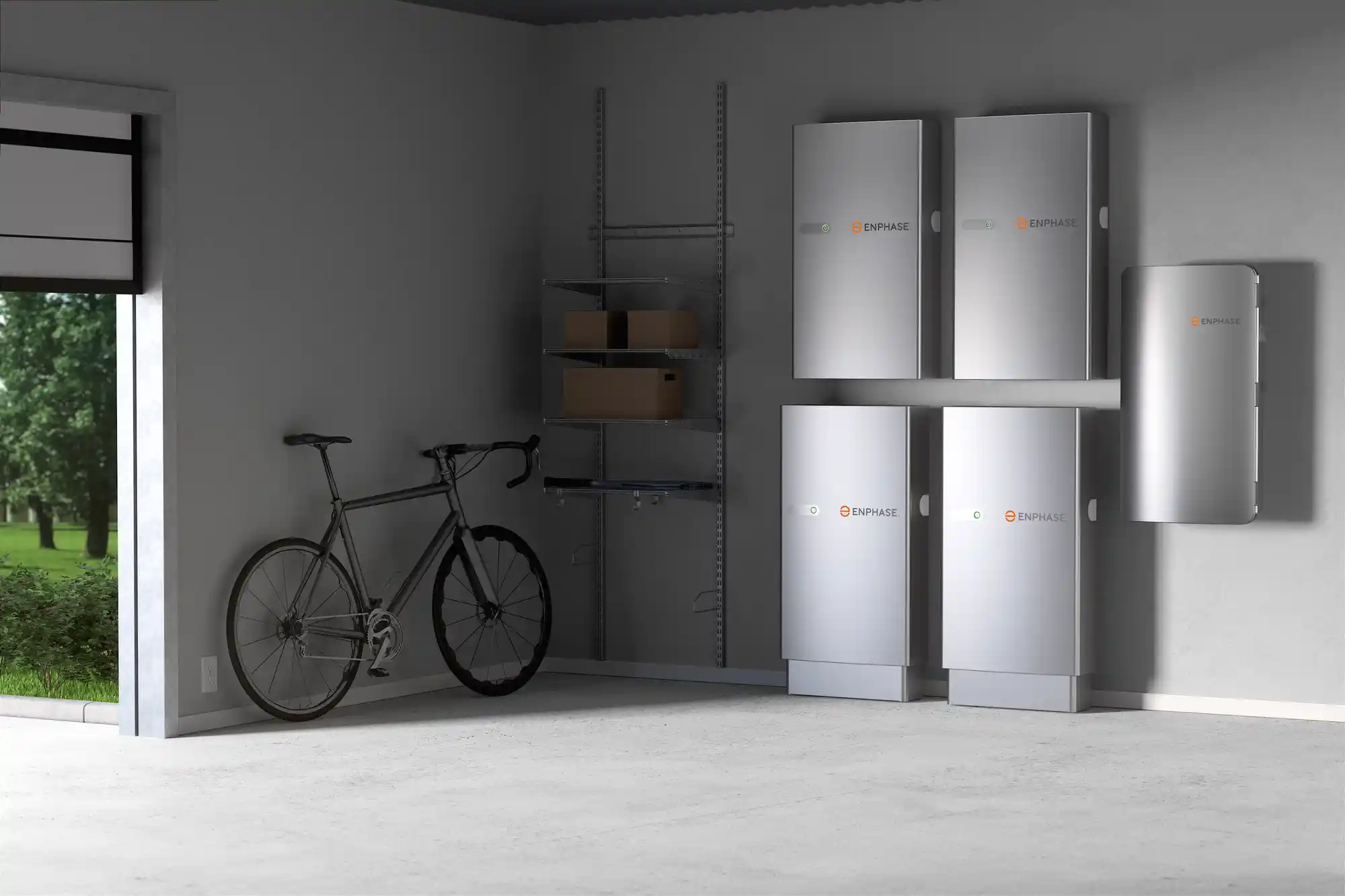 A sleek, modern garage interior features Enphase battery units for solar power.